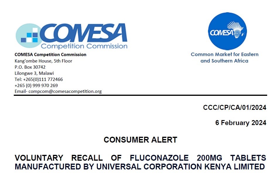 CONSUMER ALERT:VOLUNTARY RECALL OF FLUCONAZOLE 200MG TABLETS MANUFACTURED BY UNIVERSAL CORPORATION KENYA LIMITED