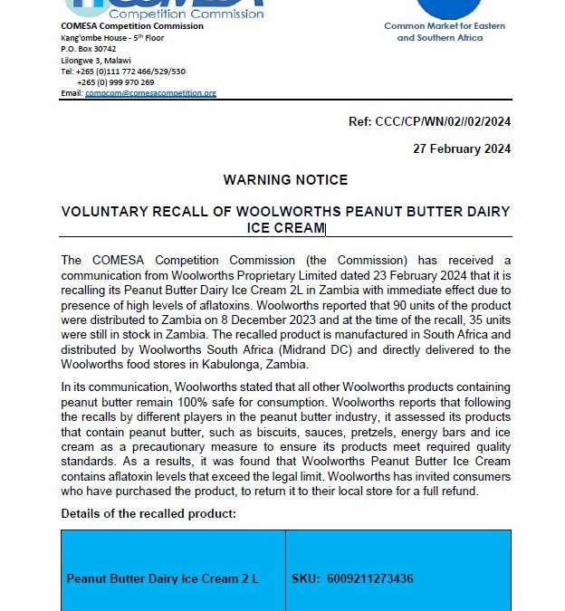 WARNING NOTICE VOLUNTARY RECALL OF WOOLWORTHS PEANUT BUTTER DAIRY ICE CREAM