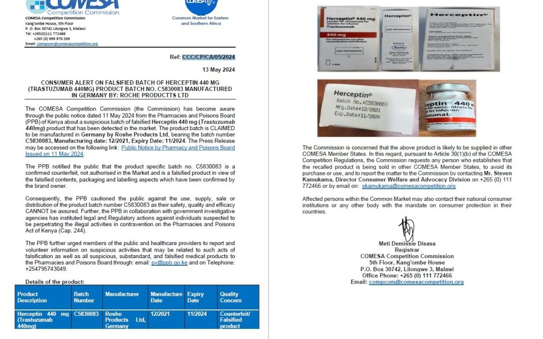 CONSUMER ALERT ON FALSIFIED BATCH OF HERCEPTIN 440 MG (TRASTUZUMAB 440MG) PRODUCT BATCH NO. C5830083 MANUFACTURED IN GERMANY BY: ROCHE PRODUCTTS LTD