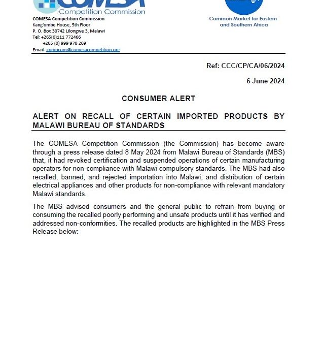 CONSUMER ALERT: ALERT ON RECALL OF CERTAIN IMPORTED PRODUCTS BY MALAWI BUREAU OF STANDARDS