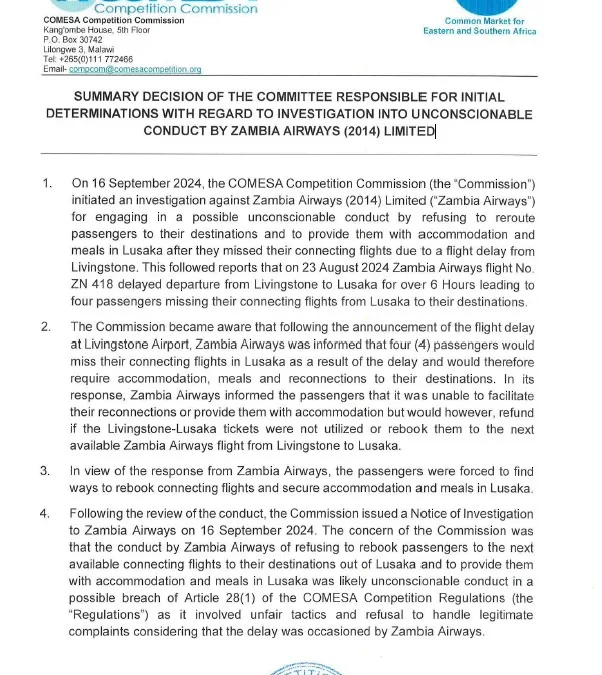 SUMMARY DECISION OF THE COMMITTEE RESPONSIBLE FOR INITIAL DETERMINATIONS WITH REGARD TO INVESTIGATION INTO UNCONSCIONABLE CONDUCT BY ZAMBIA AIRWAYS (2014) LIMITED