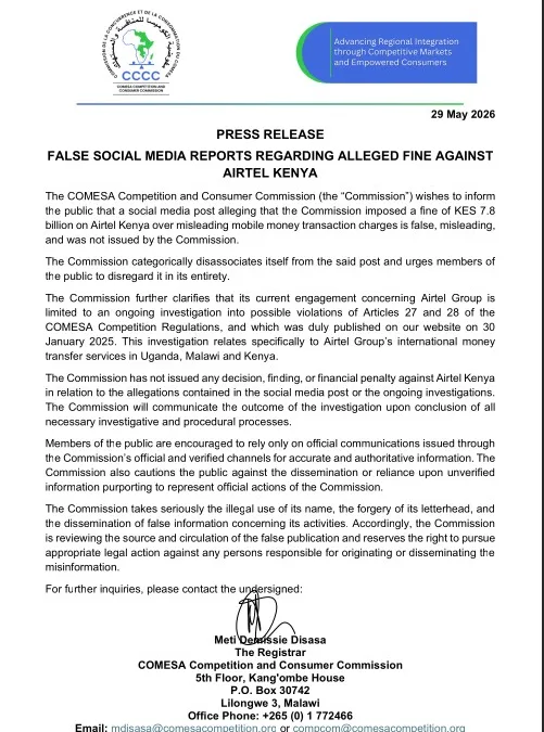 PRESS RELEASE FALSE SOCIAL MEDIA REPORTS REGARDING ALLEGED FINE AGAINST AIRTEL KENYA