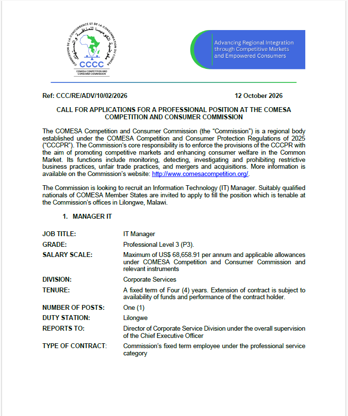 CALL FOR APPLICATIONS FOR A PROFESSIONAL POSITION AT THE COMESA ...